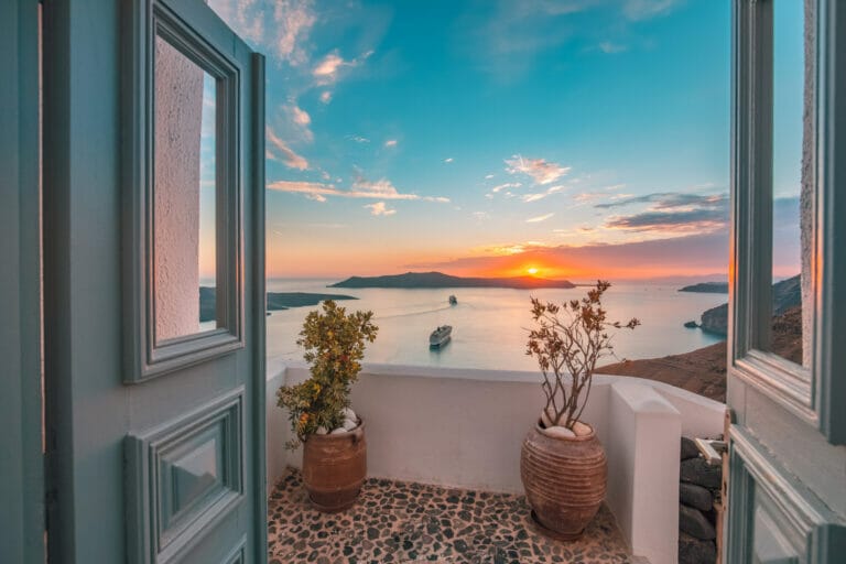 Picturesque spring sunset on the famous Greek resort Fira in Santorini island, Greece