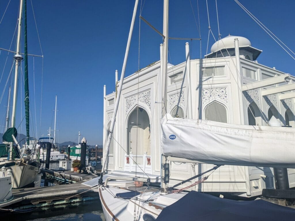 view of the Taj Mahal Houseboat in Sausalito from the dock where it is located