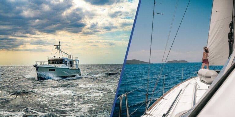 powerboat (Nordhavn N41 passagemaker) on the left and a woman on a sailing boat on the right.